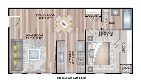 Floor plan for 1 bed, 1 bath, 564 sqft